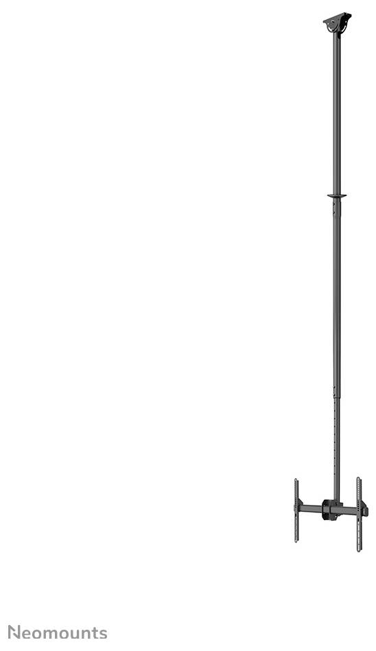 Fernseher-Deckenhalterung in Schwarz. Langer Stab mit verstellbarer Höhe und neigbarem Halter. Geeignet für verschiedene Bildschirmgrößen.