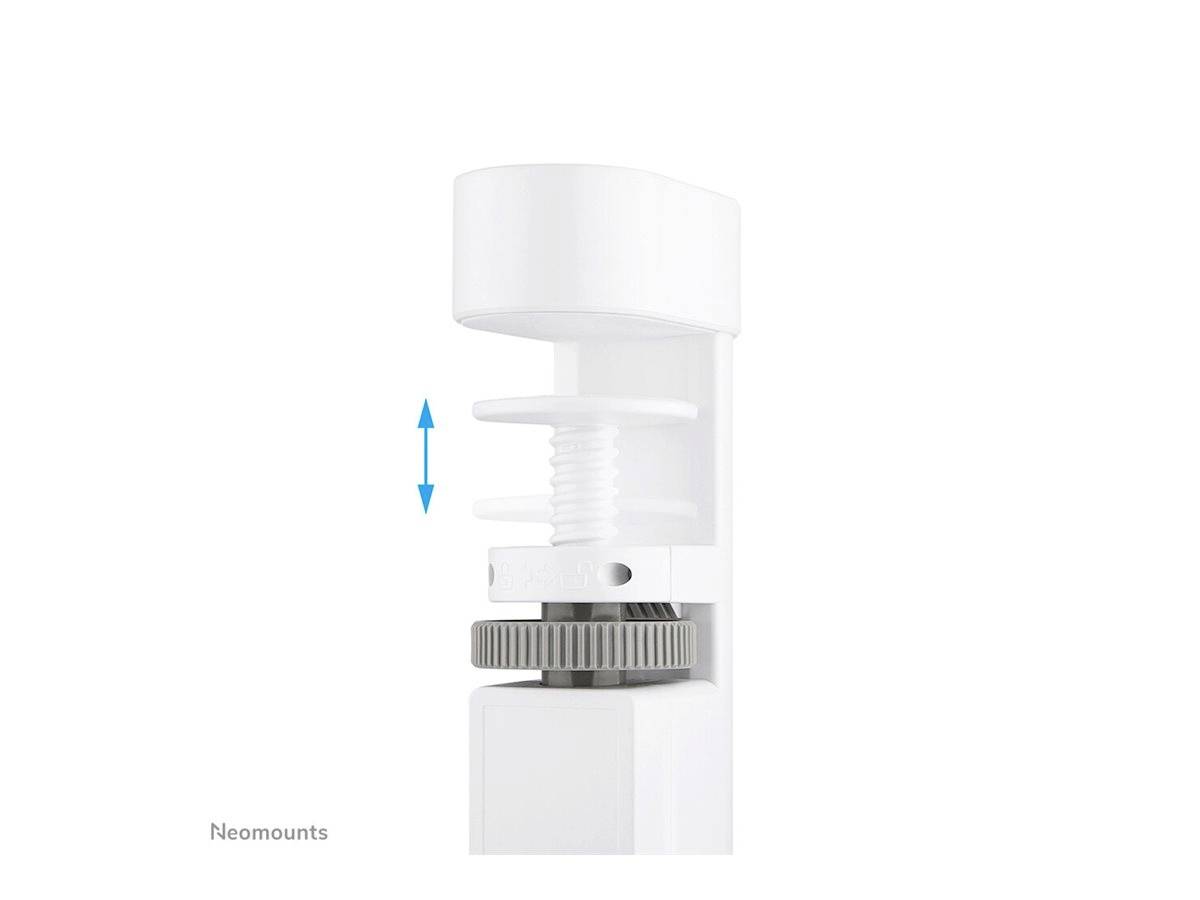 'Neomounts' weiße Klemme mit Schraubmechanismus, die vertikale Bewegung durch blaue Pfeile zeigt, zur Befestigung an einer Kante.