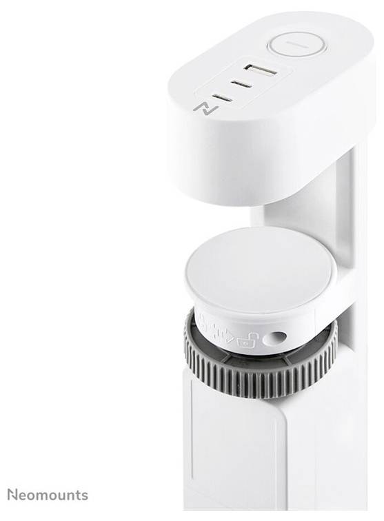 'Neomounts' Monitorhalterung mit USB-Anschlüssen oben, Drehknopf zur Höhenverstellung darunter, weißes Design.