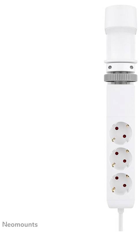 Weiße Steckdosenleiste mit drei Steckplätzen, vertikal angeordnet. Oben befindet sich ein erweiterbares weißes Rohr mit grauem Drehmechanismus.