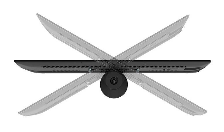 Top-Down-Ansicht eines drehbaren Computerbildschirms, der in verschiedene Winkel geneigt wird; zeigt Flexibilität der Neigung.