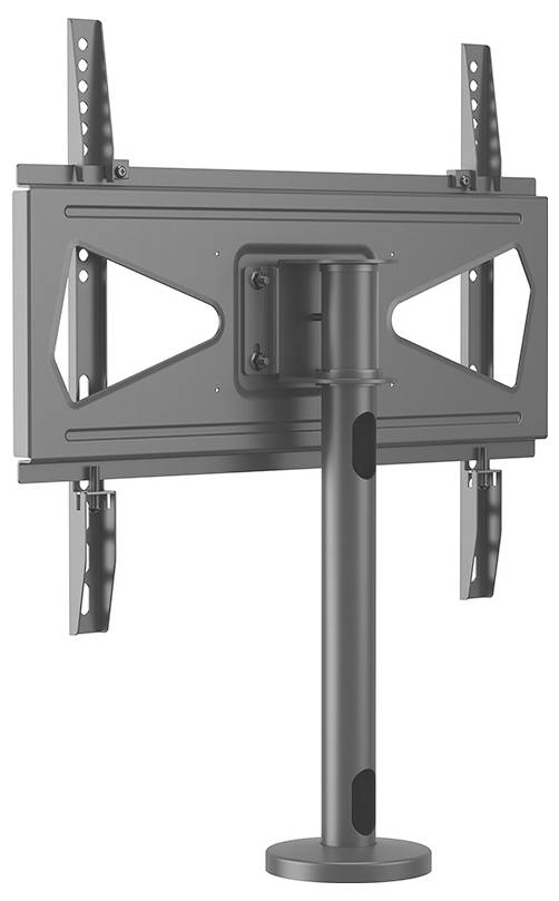 Graue, verstellbare TV-Wandhalterung mit Stützstange und seitlichen Schienen. Geeignet für Flachbildschirme, robustes Design.