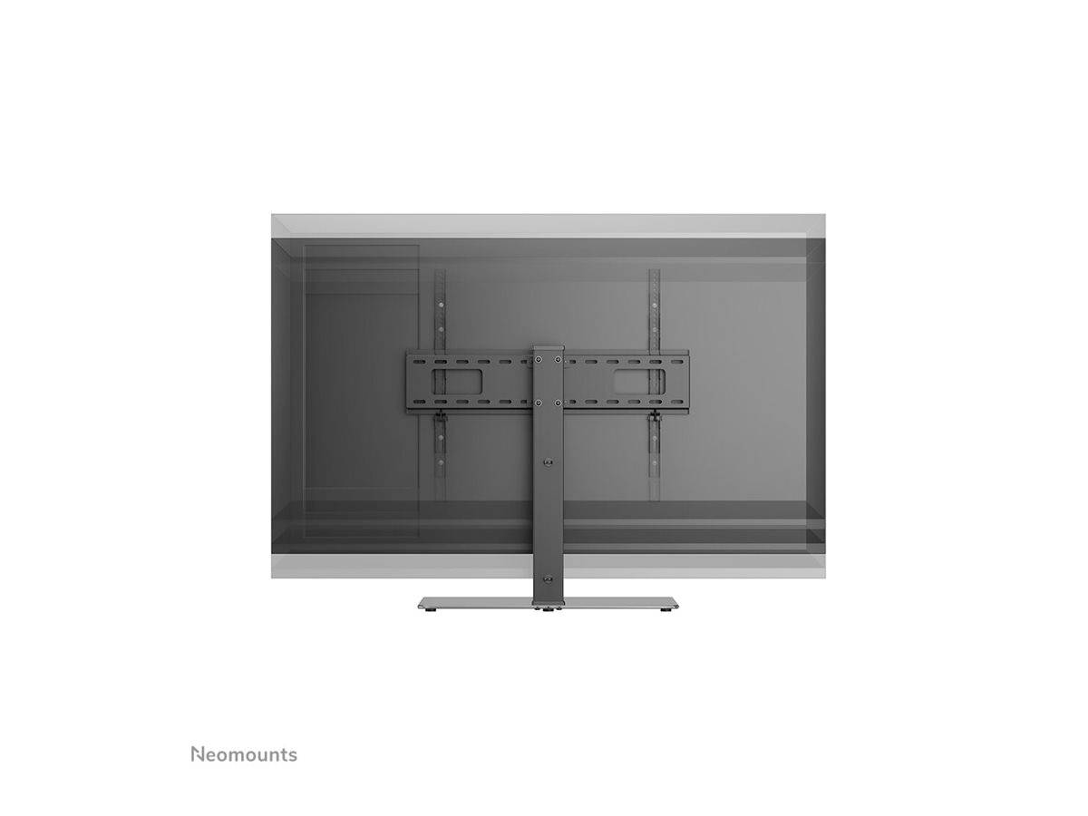 Hinteransicht eines Monitors auf einem Neomounts-Standfuß, der eine flache, stabile Montageunterstützung bietet.