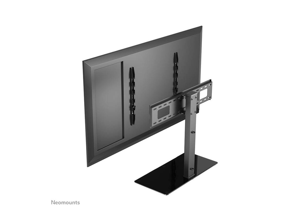 Rückansicht eines Bildschirms an einem schwarzen Ständer, zeigt die Befestigung und den Fuß für stabile Unterstützung.