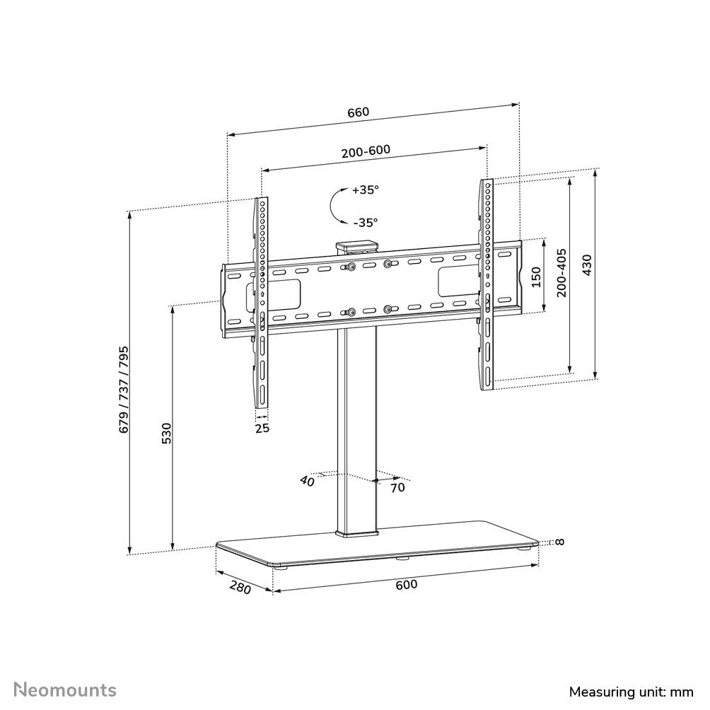 Diagram eines verstellbaren TV-Ständers. Maße sind in Millimeter angegeben: Höhe 679-1295, Breite 660. Neigung +35°/-10°.