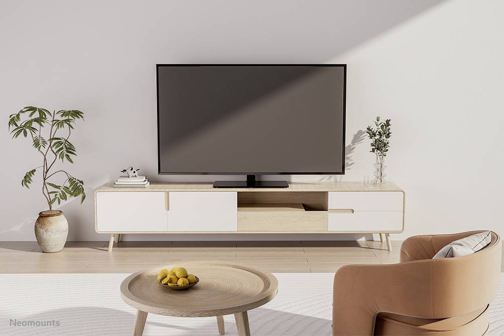 Ein modernes Wohnzimmer mit einem großen Flachbildfernseher auf einem Holz- und Weißlack-TV-Ständer, daneben eine grüne Pflanze. Im Vordergrund ein runder Holztisch mit einer Schale Zitronen.