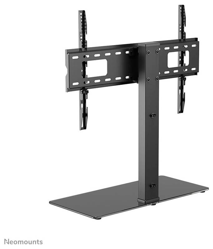 Schwarzer TV-Ständer von Neomounts, freistehend, mit höhenverstellbarer Halterung, geeignet für Flachbildschirme, ohne TV-Gerät.