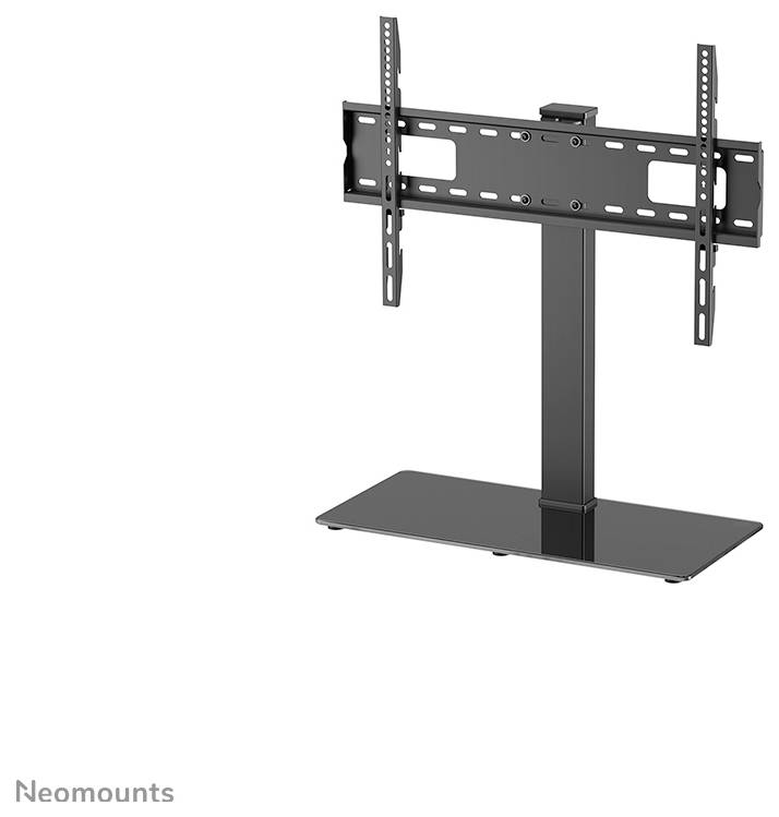 Ein schwarzer Monitorständer mit flacher Basis und verstellbarer Halterung, geeignet zum Aufstellen von Bildschirmen oder Fernsehern.