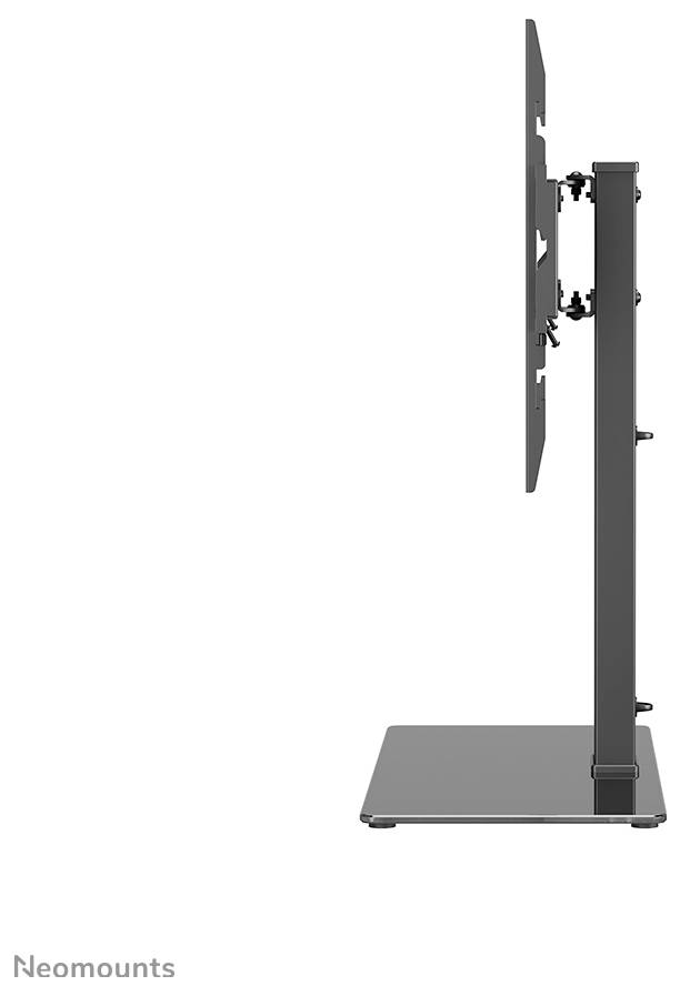 Seitenansicht eines Monitorständers mit verstellbarer Halterung, geeignet für verschiedene Bildschirmgrößen.