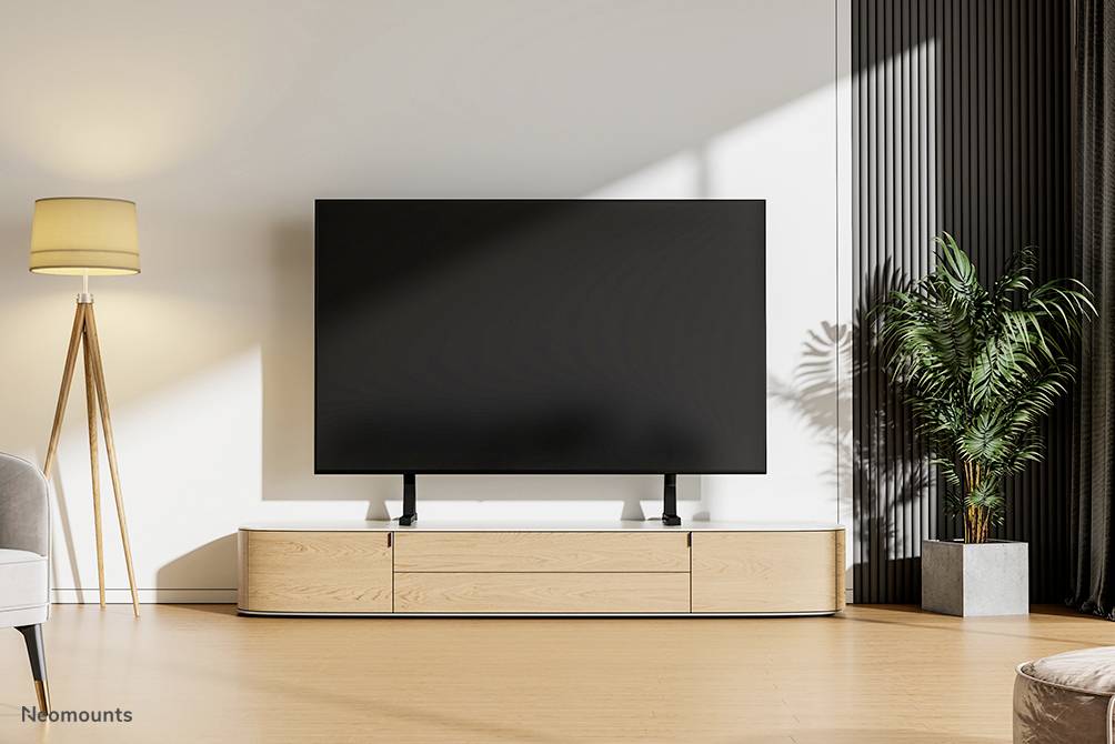 Ein großer Flachbildfernseher steht auf einem niedrigen Holzmöbel in einem modernen Wohnzimmer mit Lampe und Pflanze.