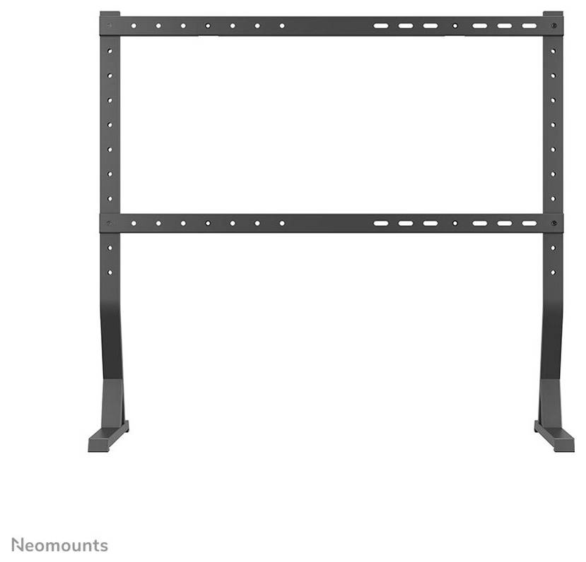 Schwarzes Bodenständerregal für Monitore, rechteckige Form, mit verstellbaren Halterungen und stabilen Standfüßen.