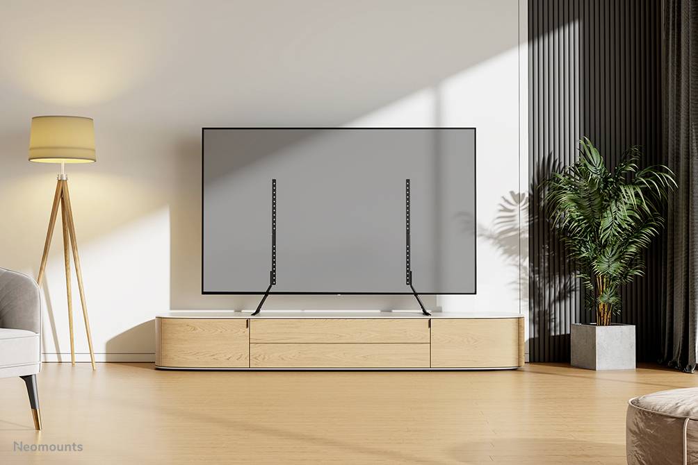 Ein moderner Fernseher steht auf einem hölzernen TV-Schrank in einem stilvoll eingerichteten Wohnzimmer mit Lampe und Pflanze.