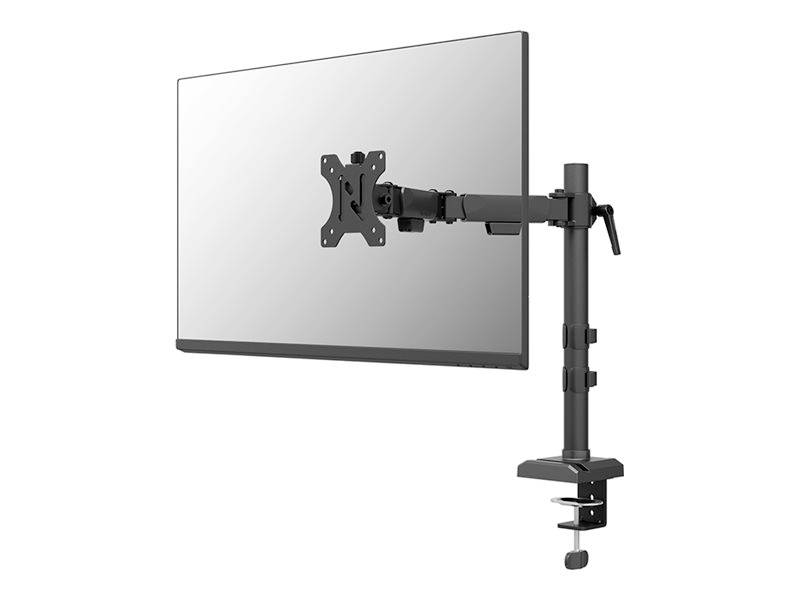 Ein Monitor ist an einem einstellbaren Schwenkarm befestigt, der über eine Schreibtischklemme montiert ist.
