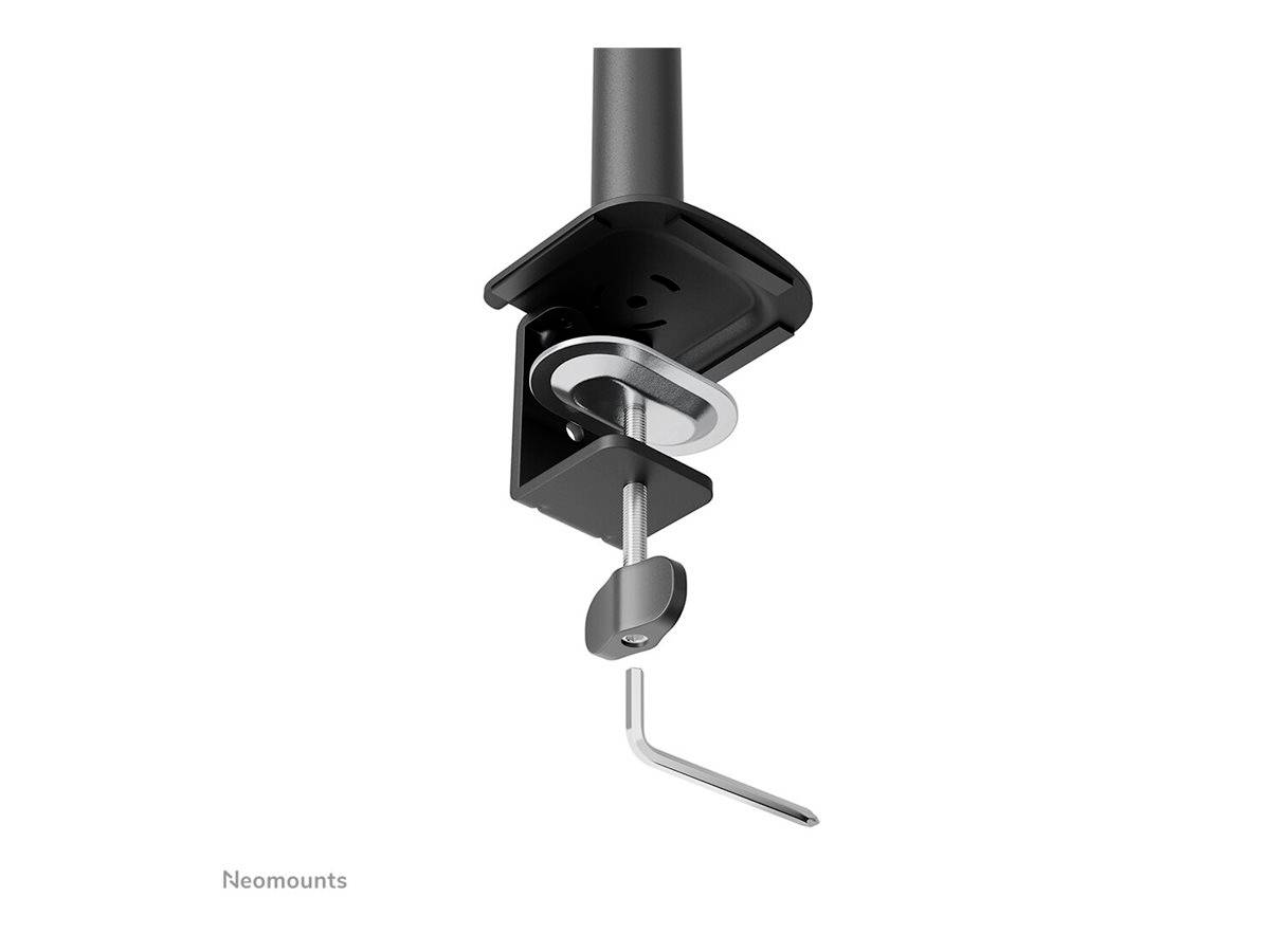 Schwarze Tischklemme zur Befestigung von Monitorarmen an einer Tischkante. Enthält runde Metallteile und einen Inbusschlüssel.