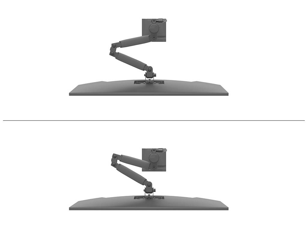Zwei Illustrationen eines Monitormontagearms, der unterschiedliche Positionen zeigt: oben gerade und unten in einer angewinkelten Position.