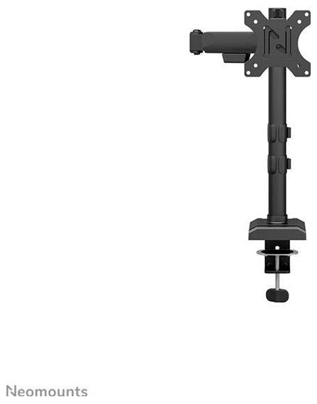Ein schwarzer Monitorhalter zur Tischmontage, mit beweglichem Arm und Drehgelenk. Markenaufschrift 'Neomounts' unten links.