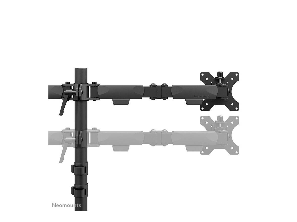 Schwarzer, verstellbarer Monitorhalter mit zwei Armen, zur Befestigung an einem Tisch. Stellen Sie Monitore horizontal oder vertikal ein.
