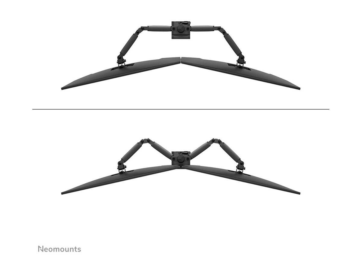 Ein Monitorhalter mit verstellbaren Armen zur Befestigung an einer Wand, geeignet für zwei Monitore. Markenname unten links: 'Neomounts'.