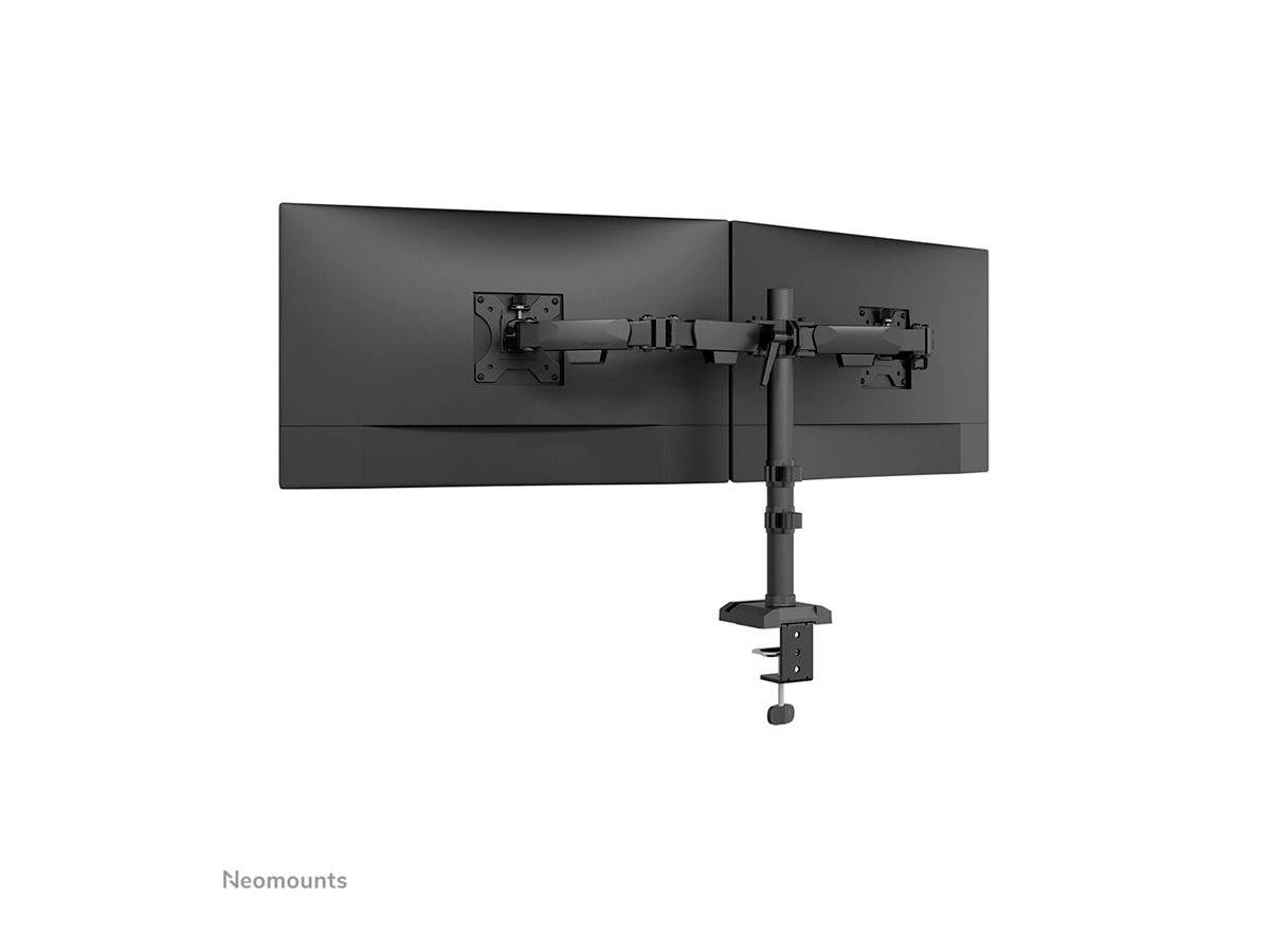 Doppel-Monitorhalterung mit zwei Bildschirmen, die seitlich befestigt sind, auf Schreibtisch montiert. Ideal zur Arbeitsplatzoptimierung.