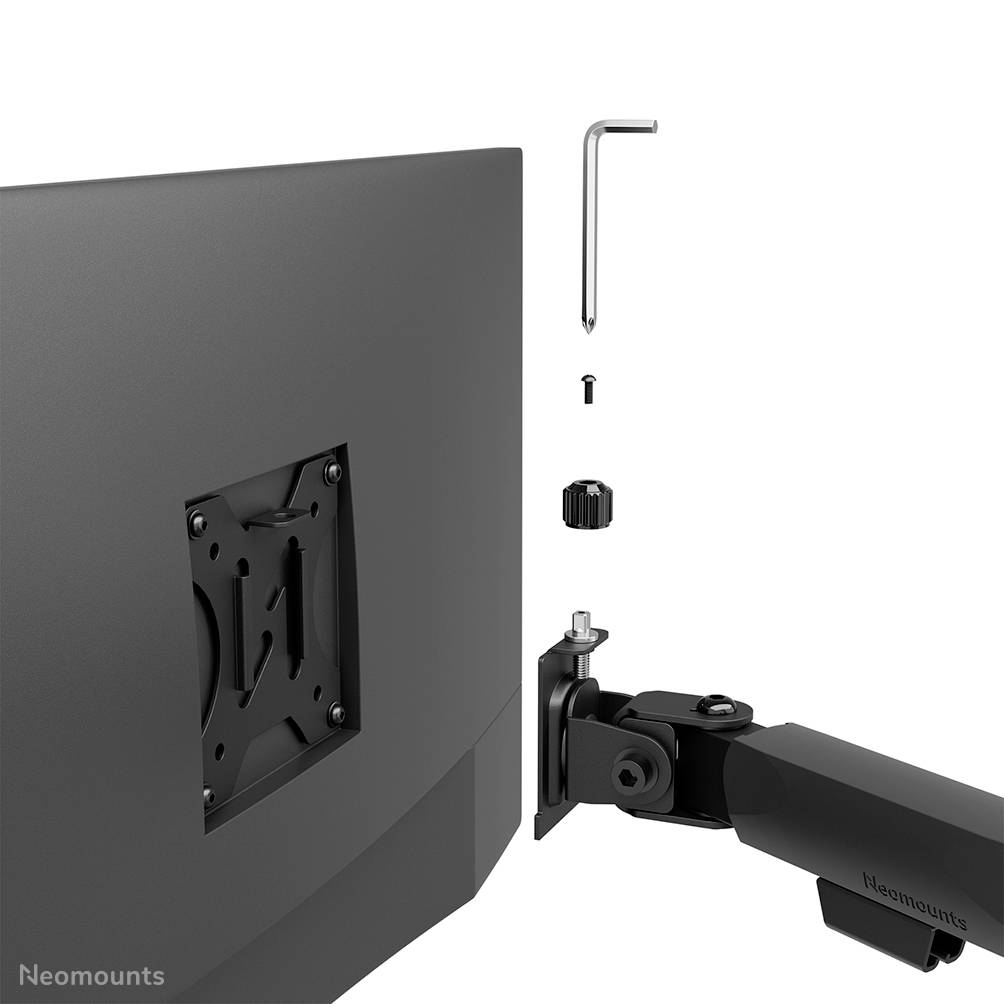 Monitor-Rückseite mit Montagesystem und Halterungsarm. Zeigt Befestigung mit Schrauben und Inbusschlüssel zur Montage des Arms.