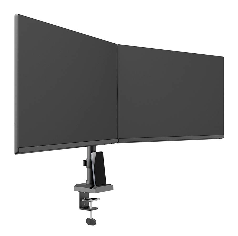 Eine schwarze Dual-Monitor-Halterung, die zwei Monitore nebeneinander hält. Sie ist mit einer Klemme an einem Tisch befestigt.