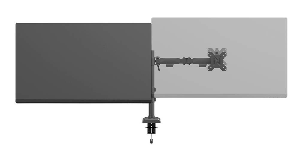Monitorhalterung mit zwei Armen, einer in voller Länge mit Monitor montiert, der andere ohne Monitorhalterung. Schwarz-graues Design.