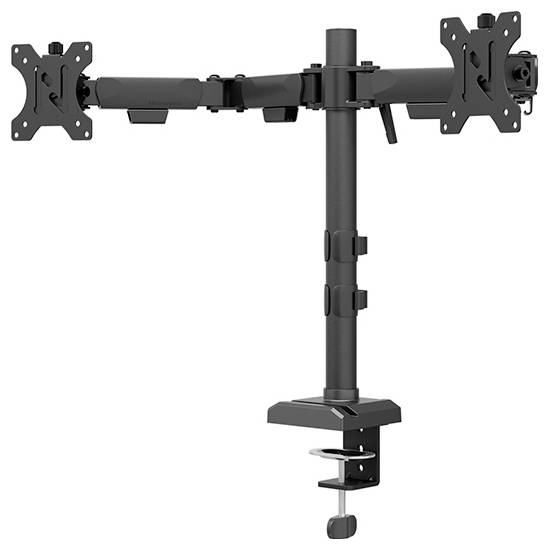 Zweiarmiger Monitorhalter mit Tischklemme, in Schwarz. Der Halter ermöglicht flexible Positionierung und Neigung von zwei Monitoren.