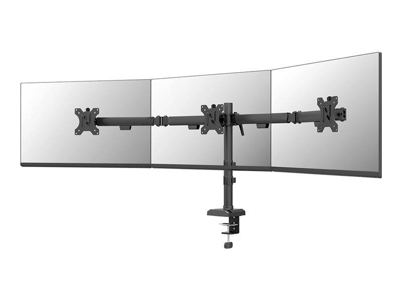 Dreifach-Monitorhalterung mit schwenkbaren Armen, geeignet zur stabilen Montage von drei Monitoren nebeneinander auf einem Tisch.