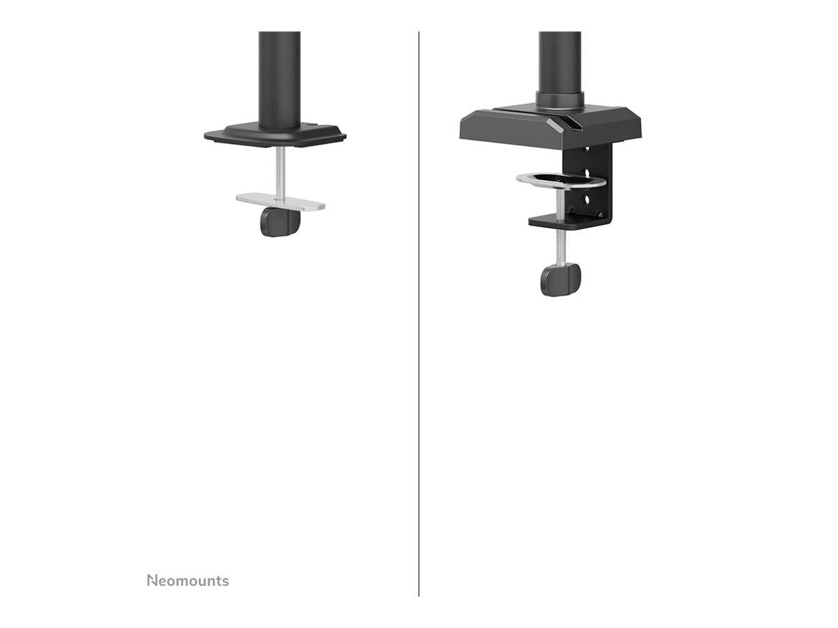 Zwei schwarze Tischklemmen für Monitorhalterungen, eine mit einem flachen Design und die andere mit einem L-förmigen Profil.