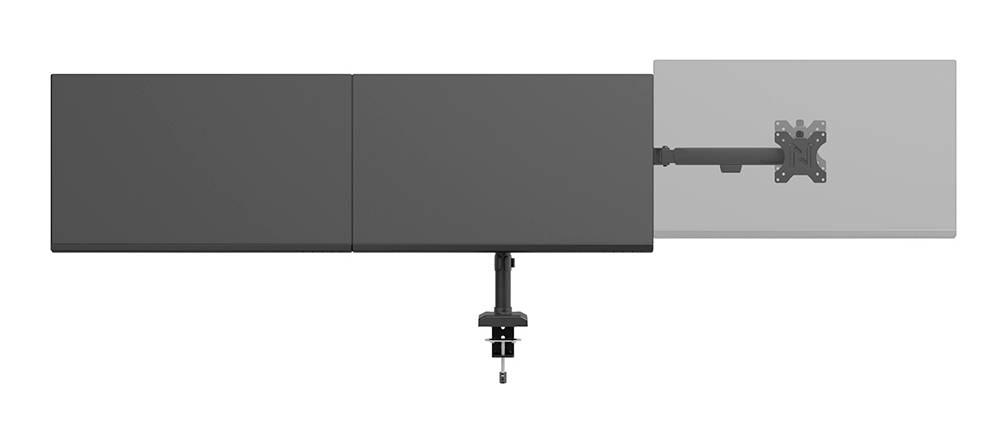 Ein Schreibtisch-Monitorarmhalter mit zwei Befestigungsplatten, die nebeneinander positioniert sind; eine ist hellgrau, die andere dunkel.