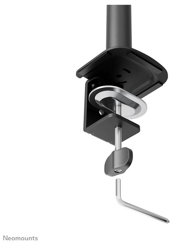 Nahaufnahme einer schwarzen Tischklemme mit Schraube und mitgeliefertem Metallwerkzeug, zur Befestigung eines Monitors an einem Tisch.