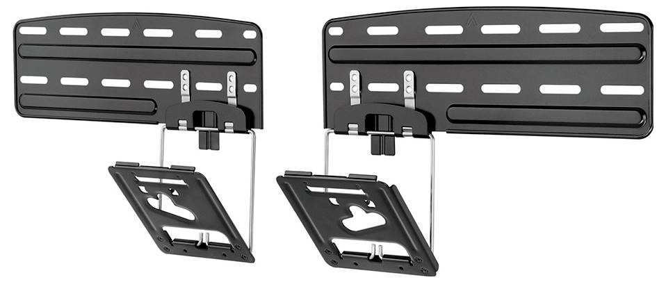 Zwei schwarze TV-Wandhalterungen aus Metall, montierbar, mit verstellbaren Armmechanismen zum Neigen und Schwenken des Fernsehers.