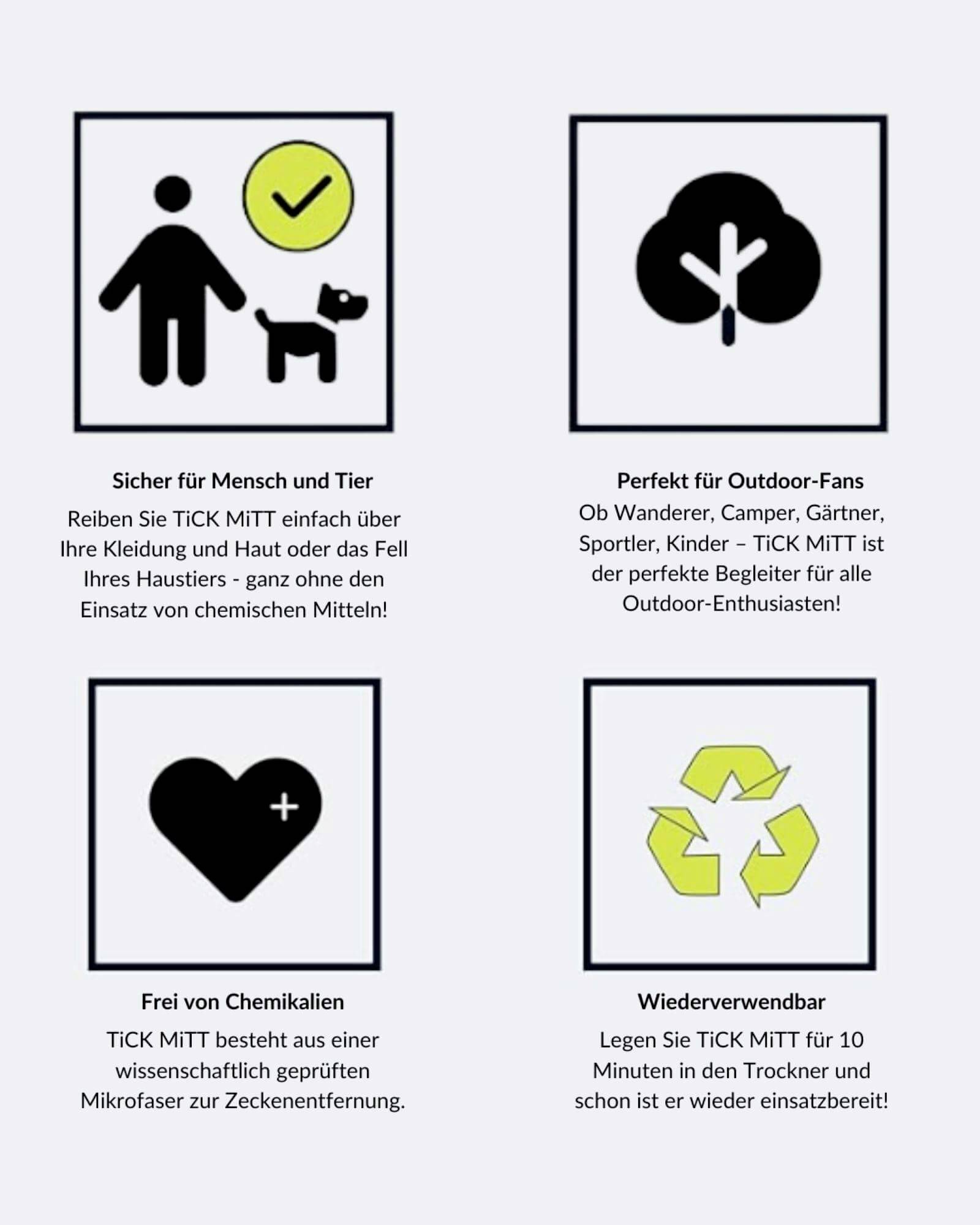 'Sicher für Mensch und Tier' zeigt eine Person und einen Hund. 'Perfekt für Outdoor-Fans' zeigt ein Baumblatt. 'Frei von Chemikalien' hat ein Herzsymbol. 'Wiederverwendbar' zeigt ein Recycling-Symbol.