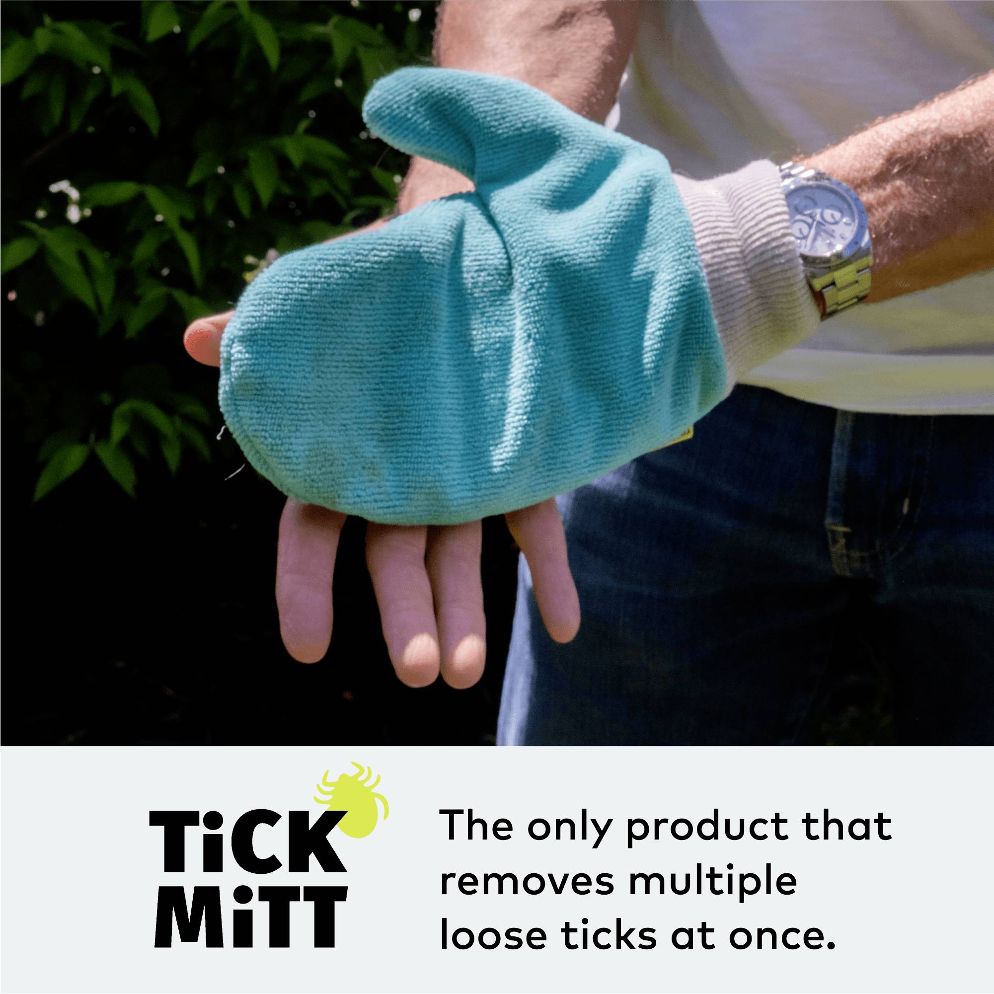 Mann mit einer blauen Zange, verwendet zum Entfernen von Zecken. Text: 'Tick Mitt - The only product that removes multiple loose ticks at once.'
