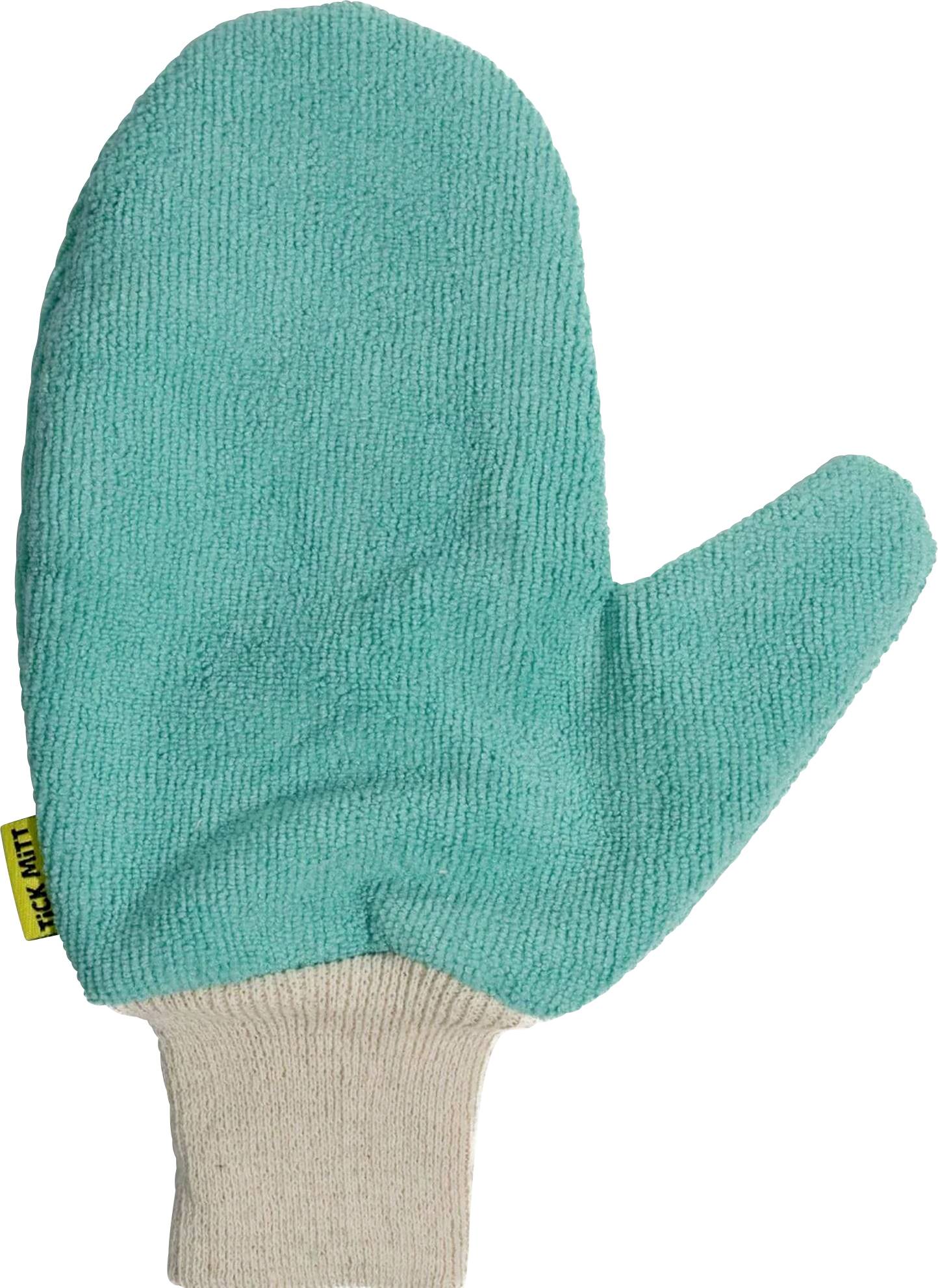 Ein türkisfarbener Ofenhandschuh mit weißem Bündchen ist abgebildet.