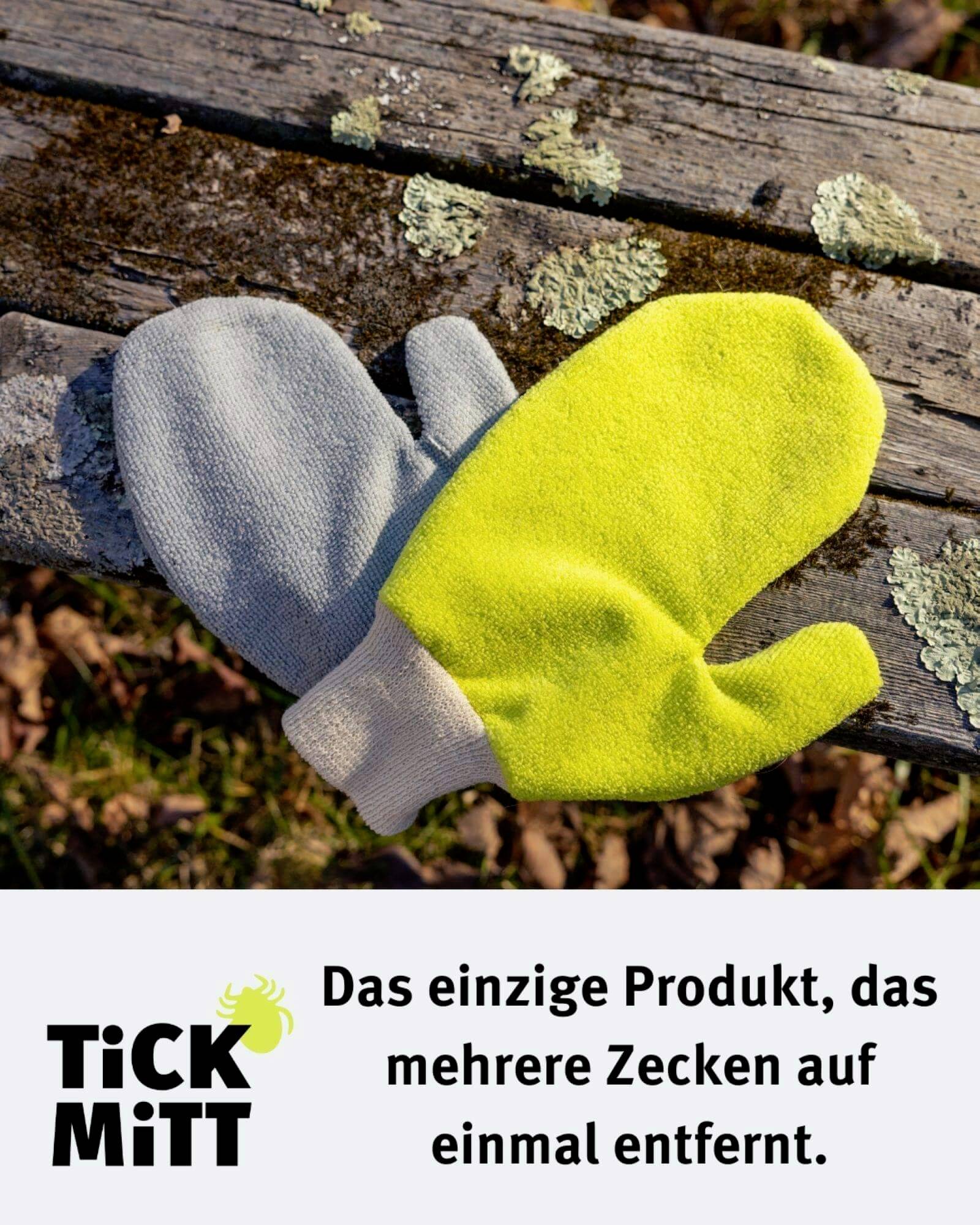 Ein gelber Handschuh liegt auf moosiger Holzbank. Text unten: 'Das einzige Produkt, das mehrere Zecken auf einmal entfernt. TICK MITT.'