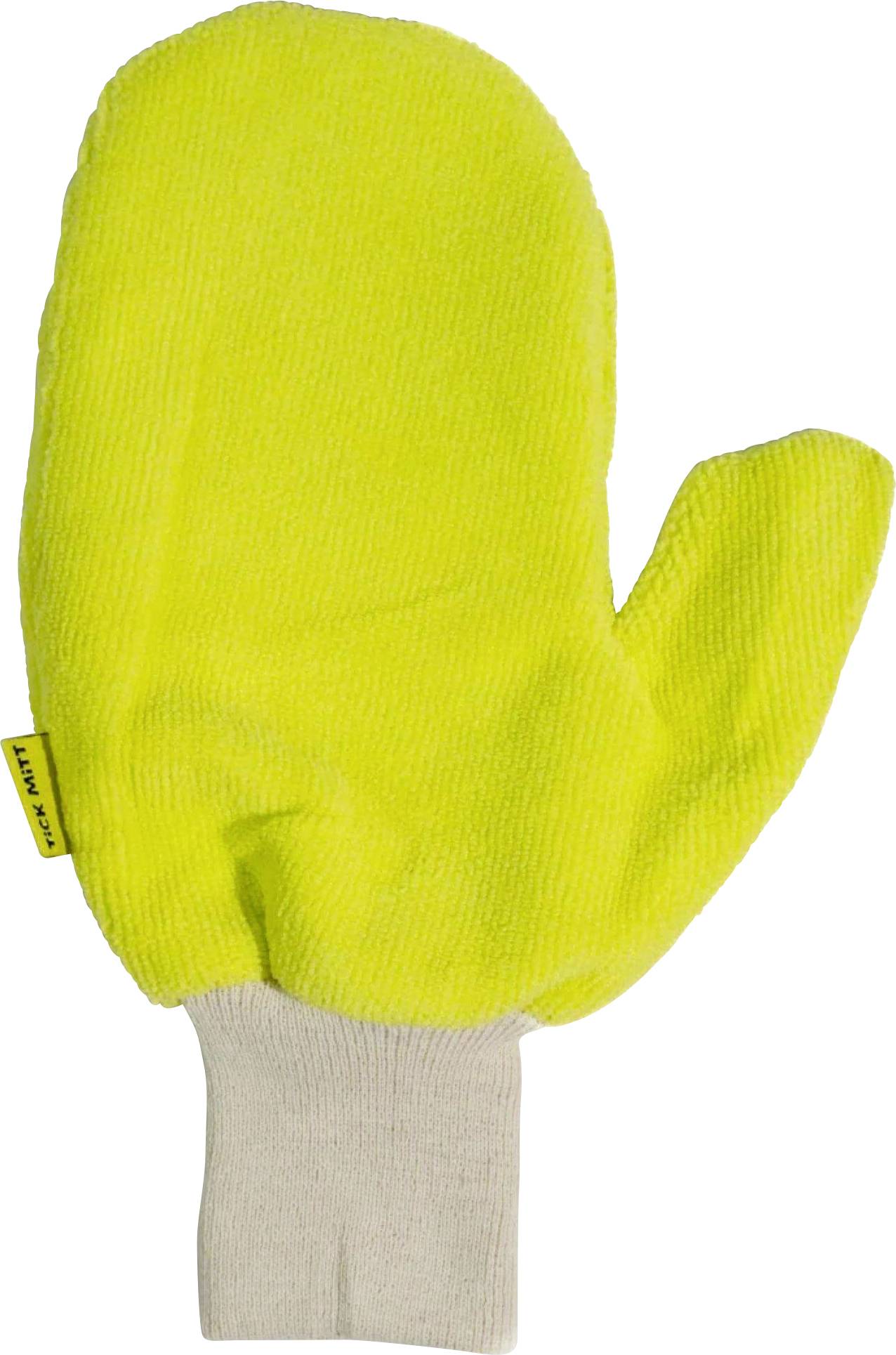 Ein gelber Fäustling mit weißem Bündchen und einem kleinen Etikett an der Seite, vor weißem Hintergrund.