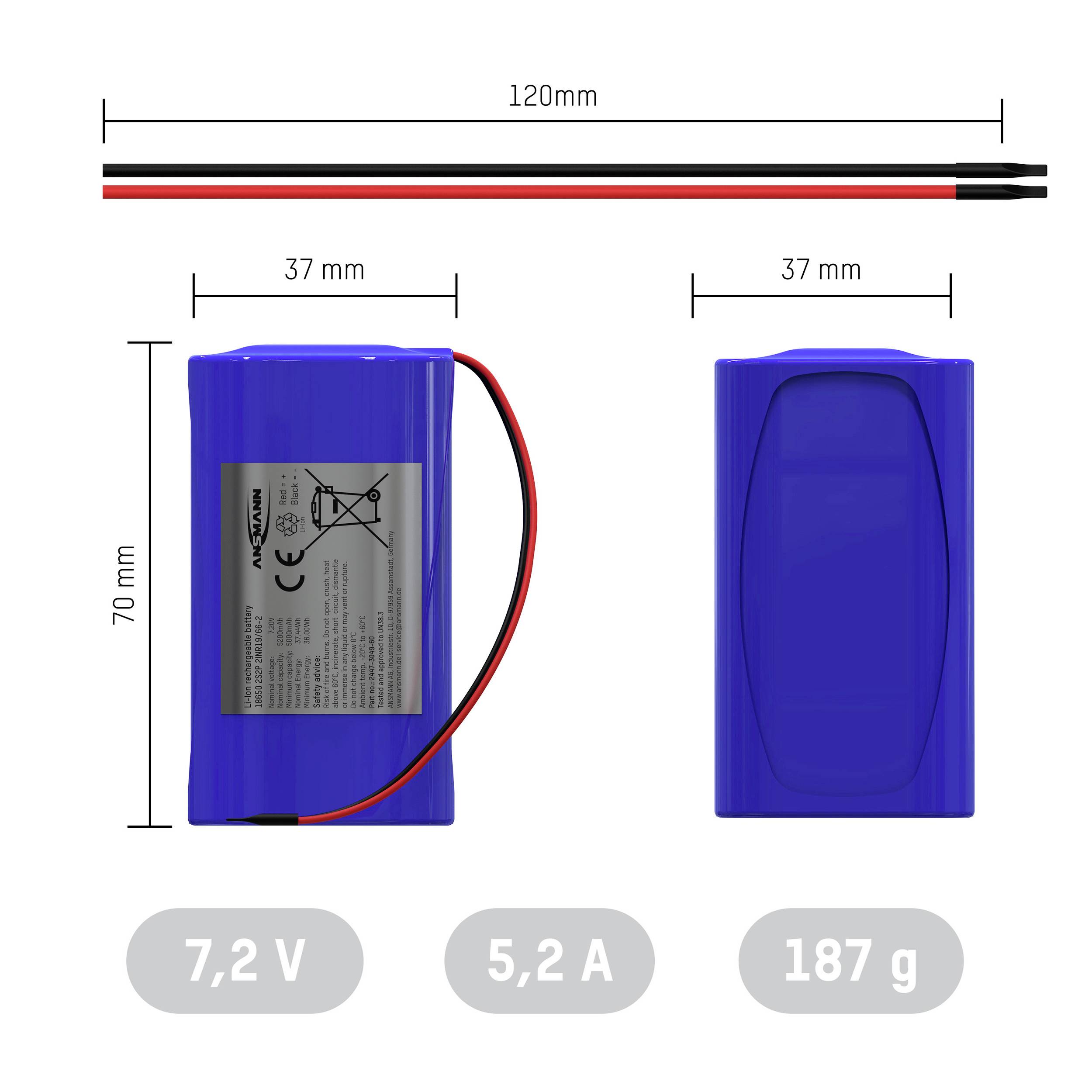 Ansmann 2S2P Akkupack 4x 18650 Kabel Li-Ion 7.2V 5200mAh Block Akkupack 4x Li-Ion 5200 mAh