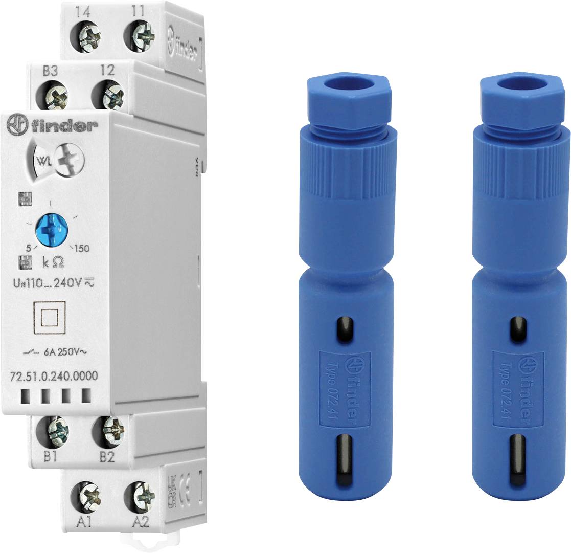 Ein elektrisches Relais mit zwei blauen Klemmen. Das Relais hat mehrere Anschlussports und ist mit technischen Details beschriftet.