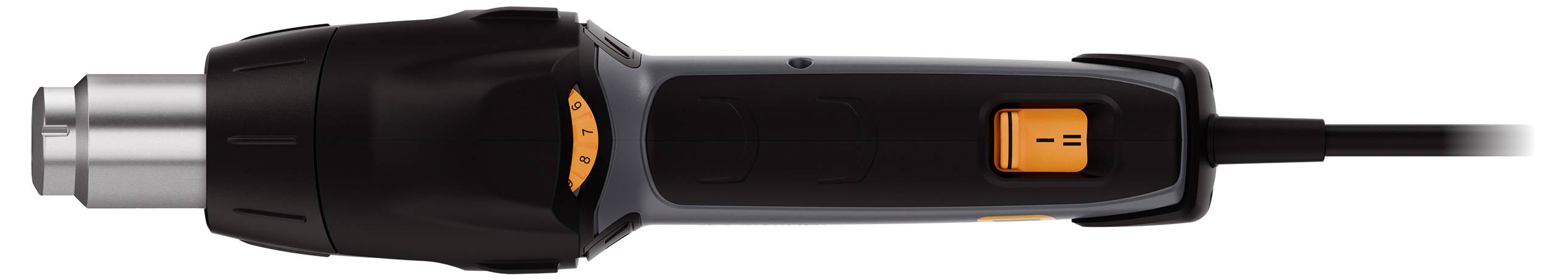 Ein elektrischer Heißluftföhn mit schwarzem Gehäuse und orangem Schalter, zur Temperatureinstellung und Aktivierung.