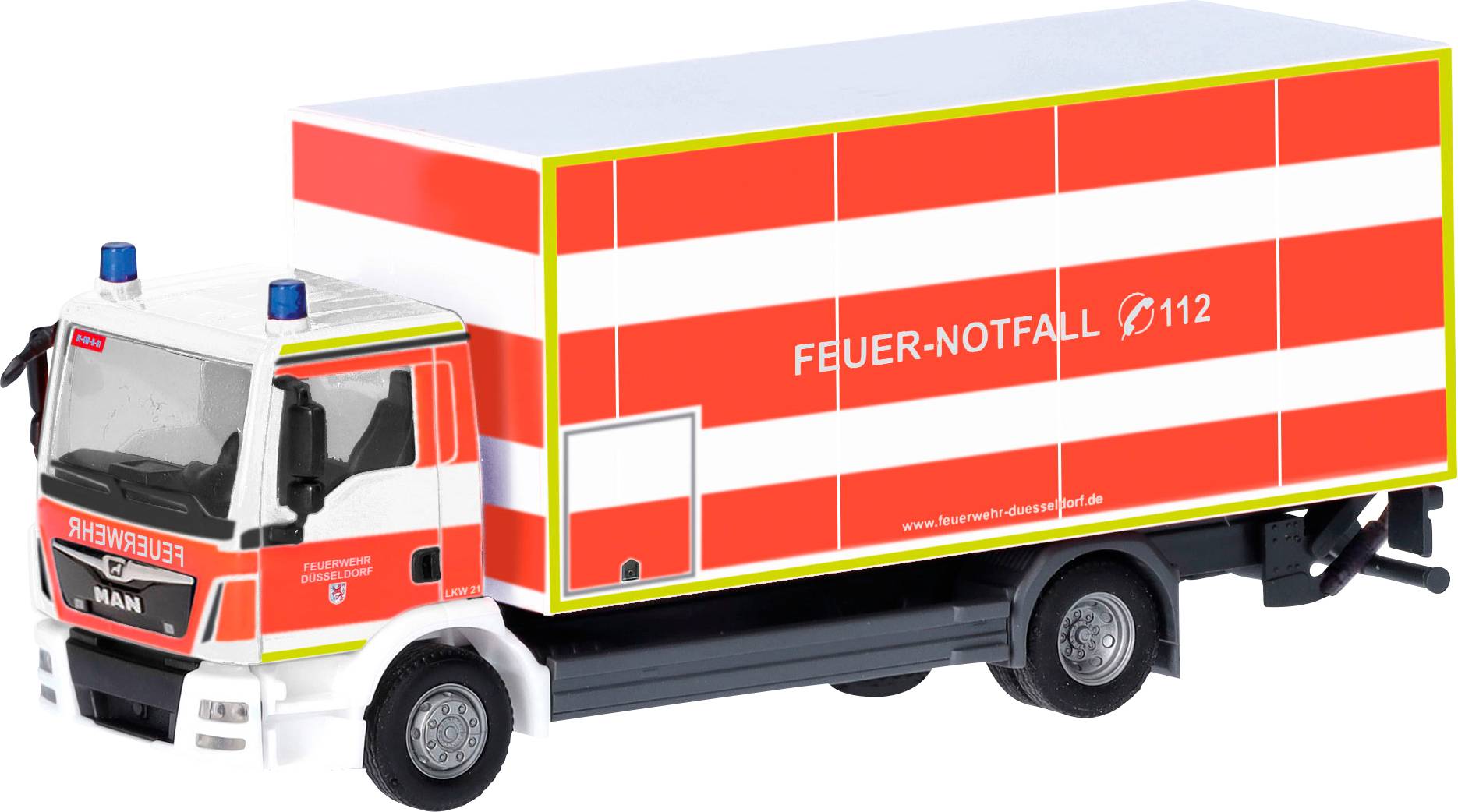 Herpa 098076 H0 Einsatzfahrzeug Modell MAN TGM Koffer-LKW mit Ladebordwand "Feuerwehr Düsseldorf"