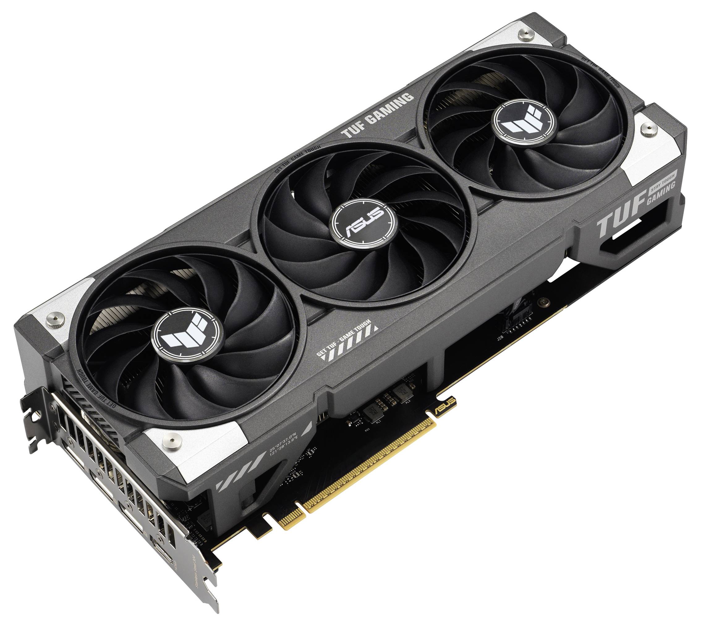 Eine schwarze Grafikkarte mit drei großen Lüftern. Aufschrift: 'TUF Gaming' und 'ASUS'. Sie ist für leistungsintensive Computeranwendungen ausgelegt.