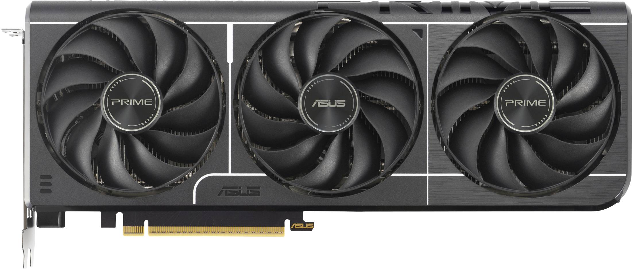 Eine Grafikkarte mit drei Lüftern, schwarze Oberfläche, Marke 'ASUS' und 'PRIME' sichtbar.