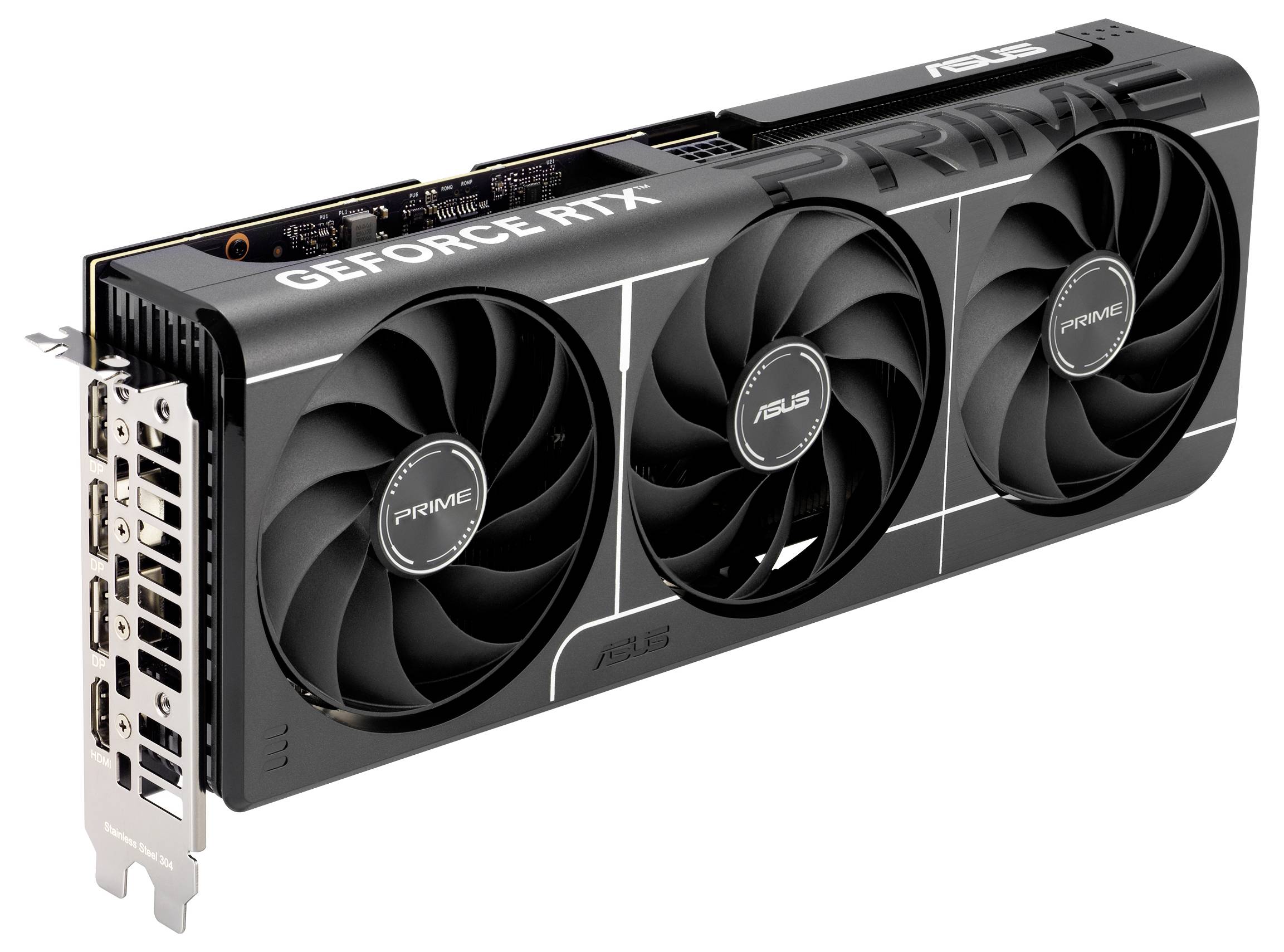 Eine schwarze Grafikkarte mit drei Lüftern und der Aufschrift 'GEFORCE RTX' und 'PRIME'. Markenlogo 'ASUS' auf der Front sichtbar.