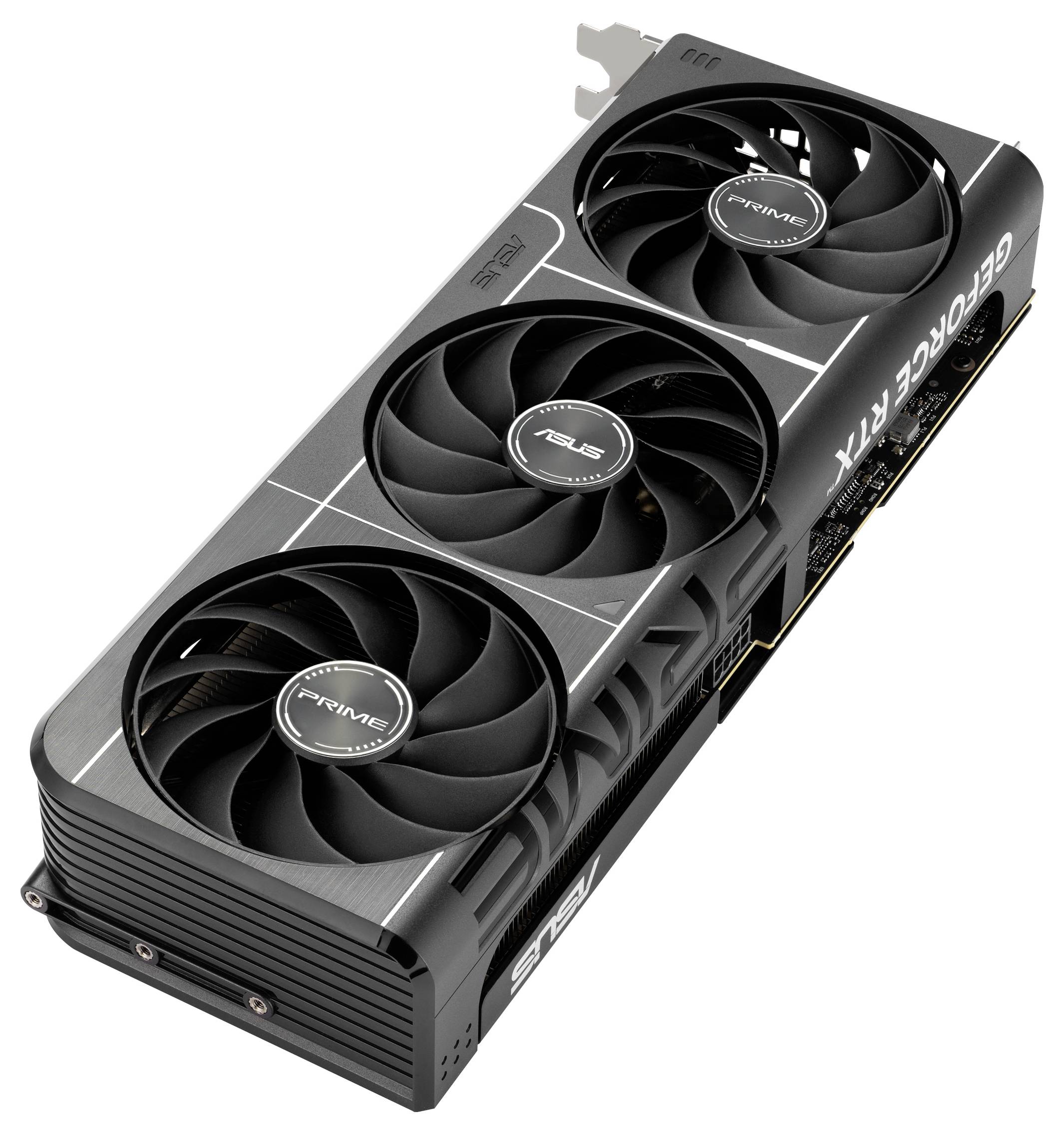 Grafikkarte mit drei Lüftern, Aufschrift 'GEFORCE RTX' und ASUS-Logo, zeigt eine leistungsstarke High-End-Gaming-Komponente.