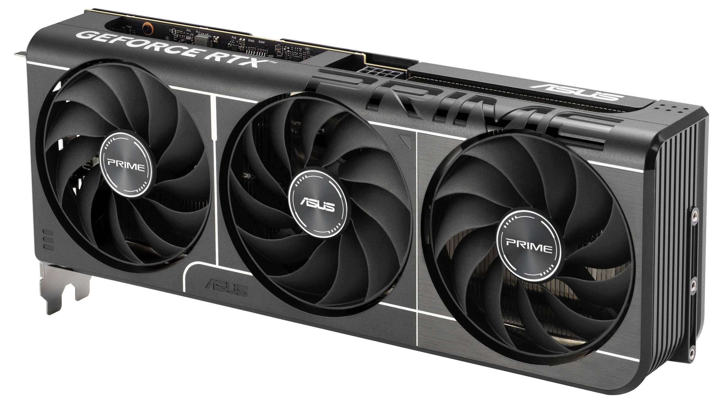 Dreifach-Lüfter-Grafikkarte von ASUS, Modell GeForce RTX, seitliche Ansicht. Schwarzes Design mit silbernen Akzenten und PRIME-Logo.