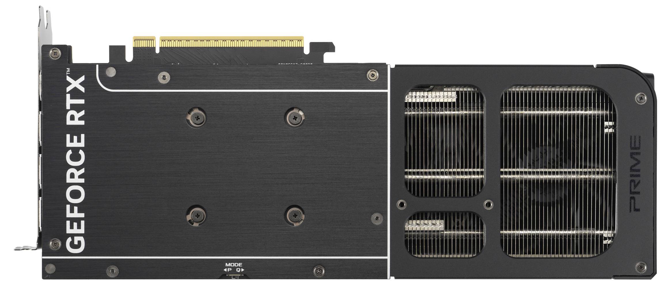 'GeForce RTX'-Grafikkarte mit schwarzem Gehäuse und sichtbaren Lüftungsschlitzen. Links das Logo, rechts Kühler mit Metalllamellen.