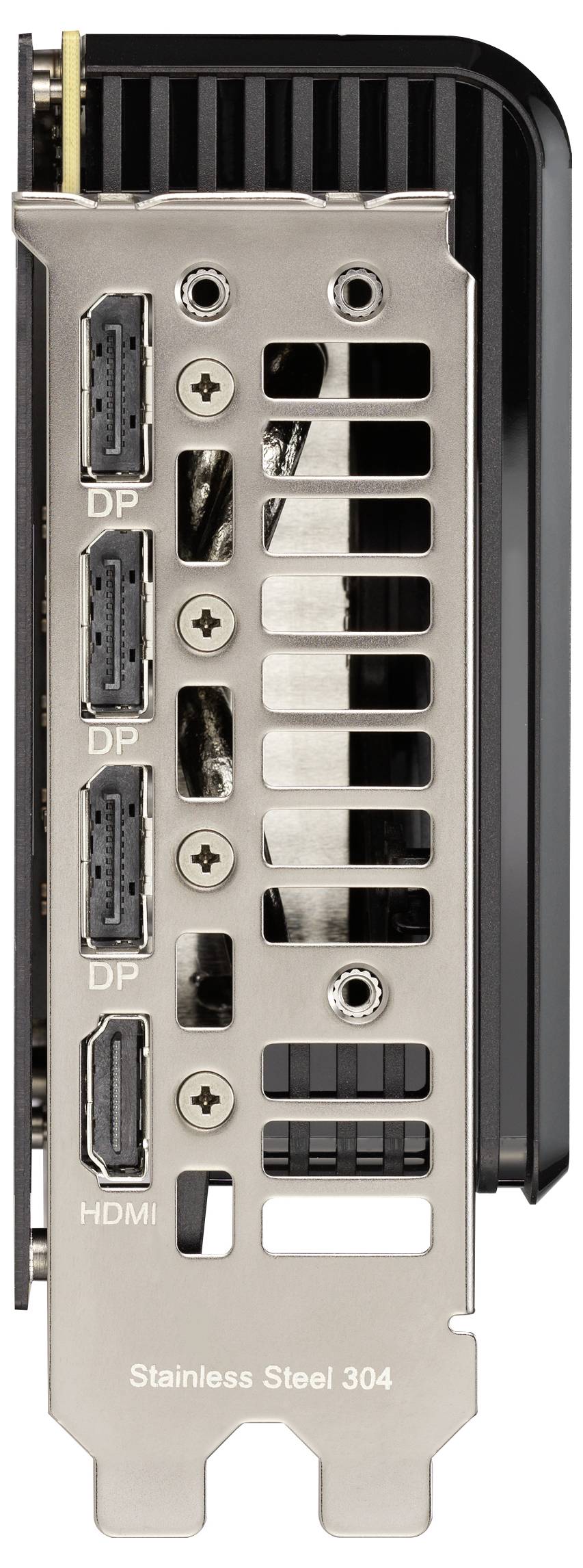 Grafikkartenanschlüsse auf einer Metallplatte: drei DisplayPort-Anschlüsse, ein HDMI-Anschluss. Beschriftung: Edelstahl 304.