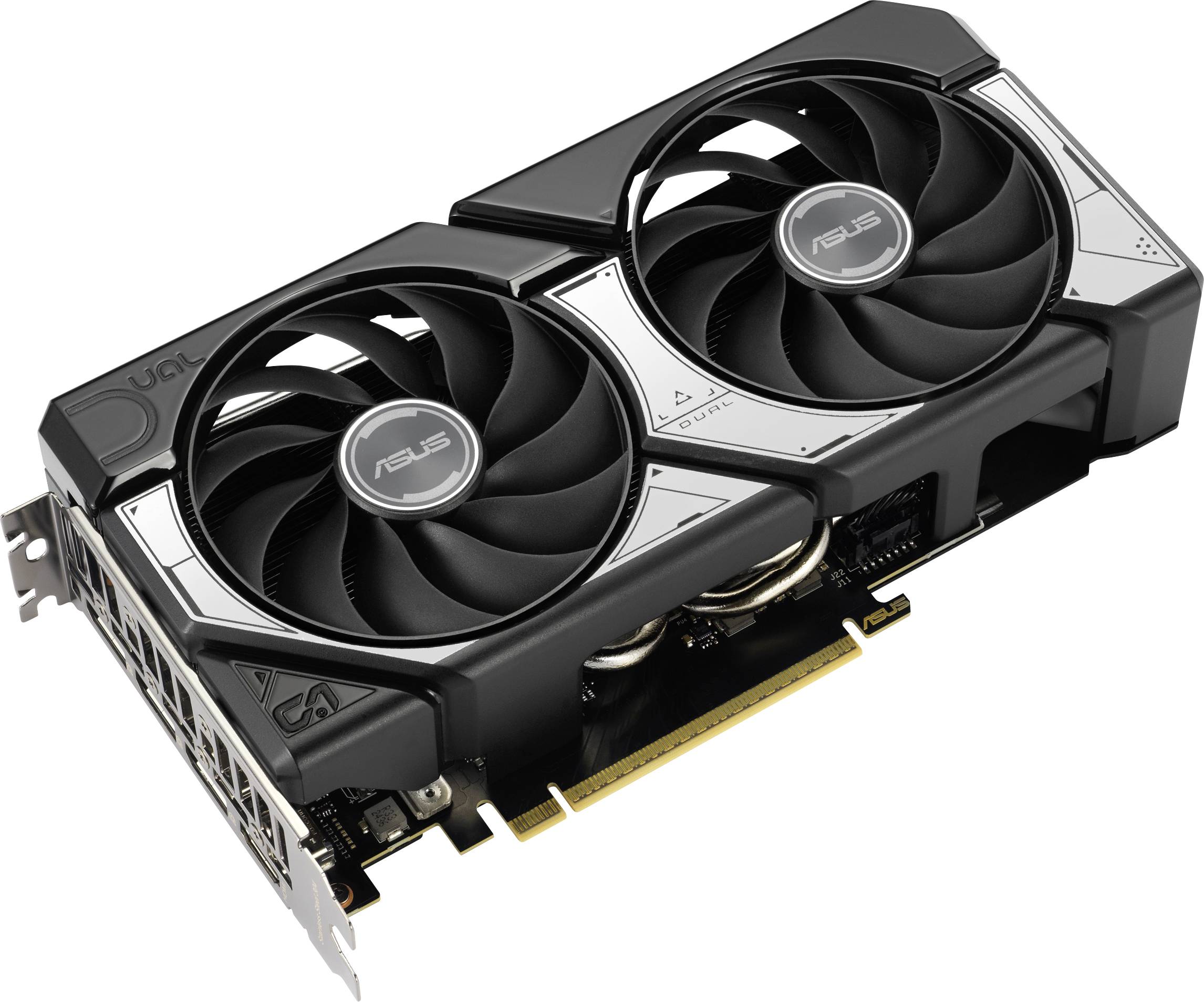 ASUS Grafikkarte mit zwei Lüftern, PCIe-Anschluss und schwarz-silbernem Design. Geeignet für leistungsstarkes Gaming.