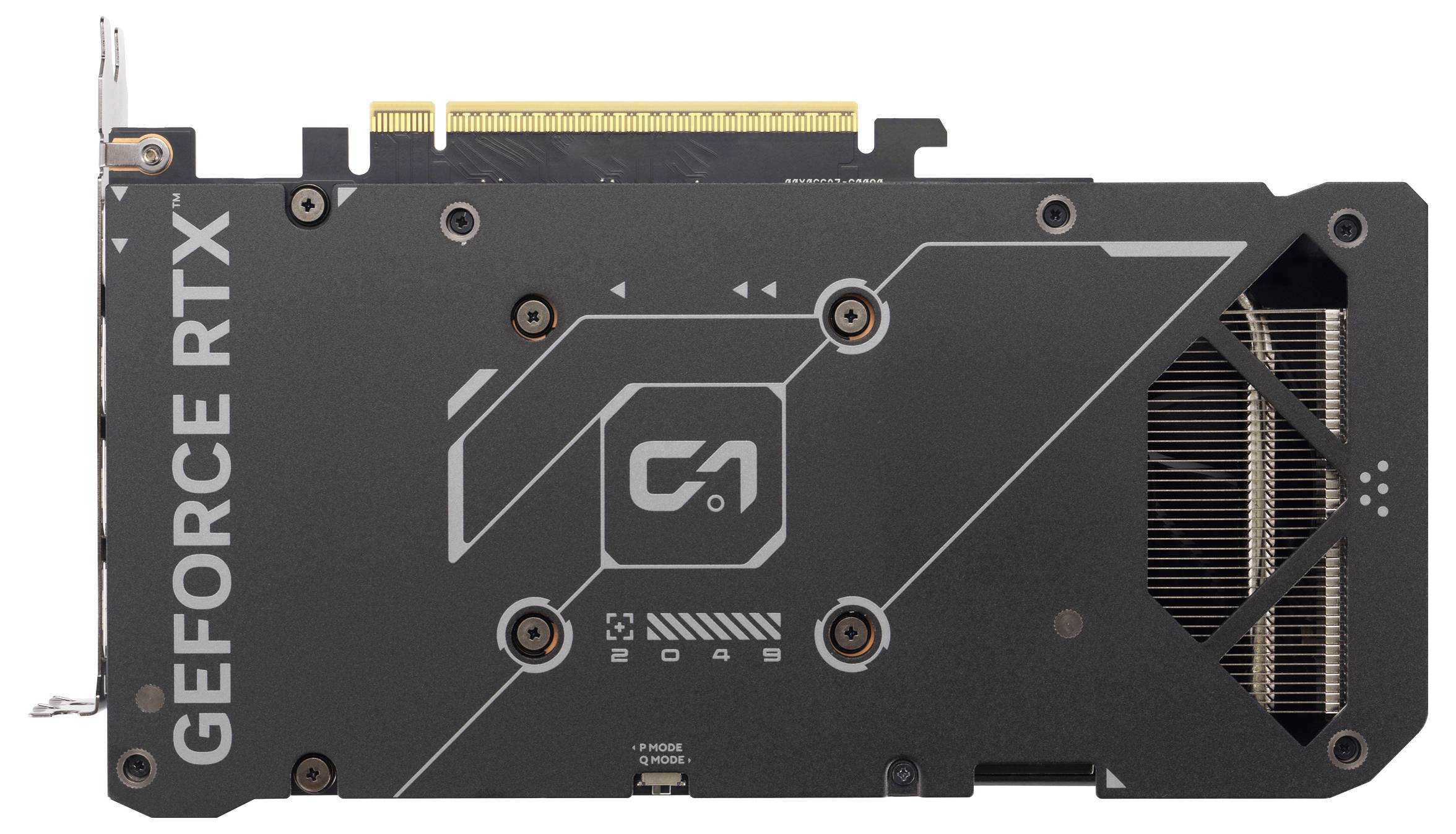 Rückseite einer Grafikkarte mit der Aufschrift 'GEFORCE RTX'; sichtbare Kühlung und Anschlüsse; Designmerkmale sind hervorgehoben.